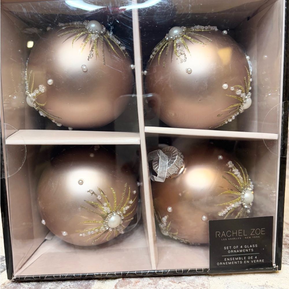 🆕 Set 4/Rachel Zoe Rose Gold Beaded Glass Ornaments
